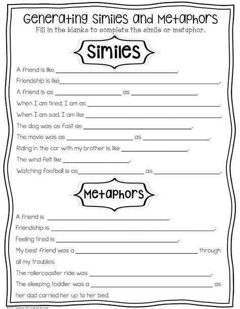 similes and metaphors worksheets middle school